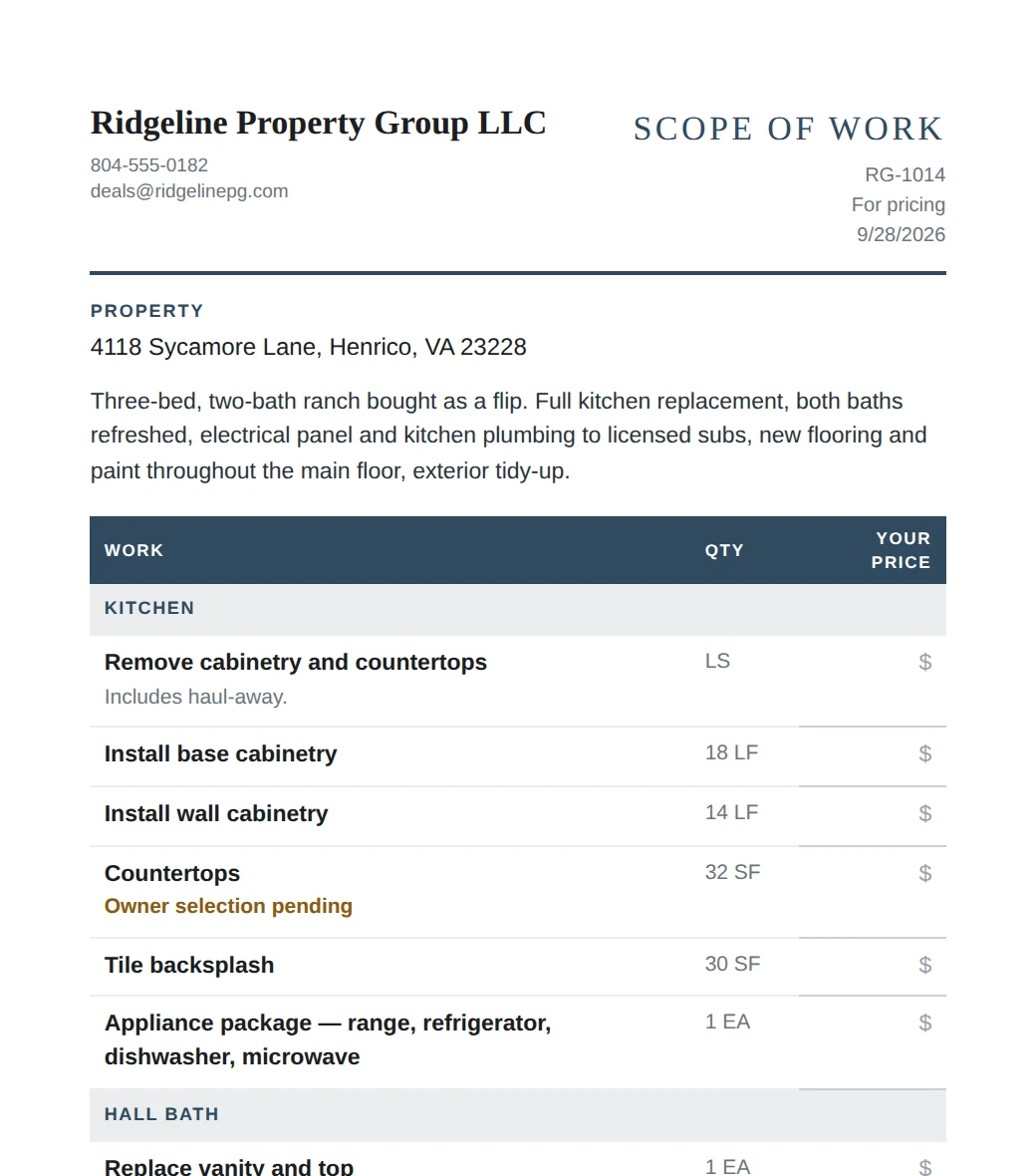 A sample Scope of Work for pricing: the property, a summary, and each line by room with its quantity and a blank price column.