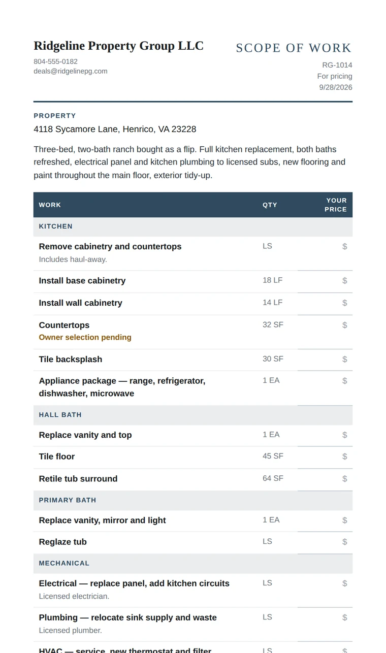 Sample Scope of Work for pricing